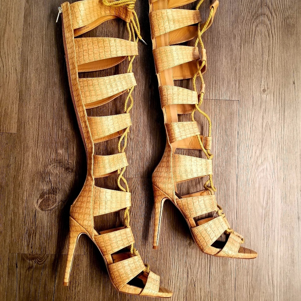 Gladiator Heeled Sandals-Mustard Snake